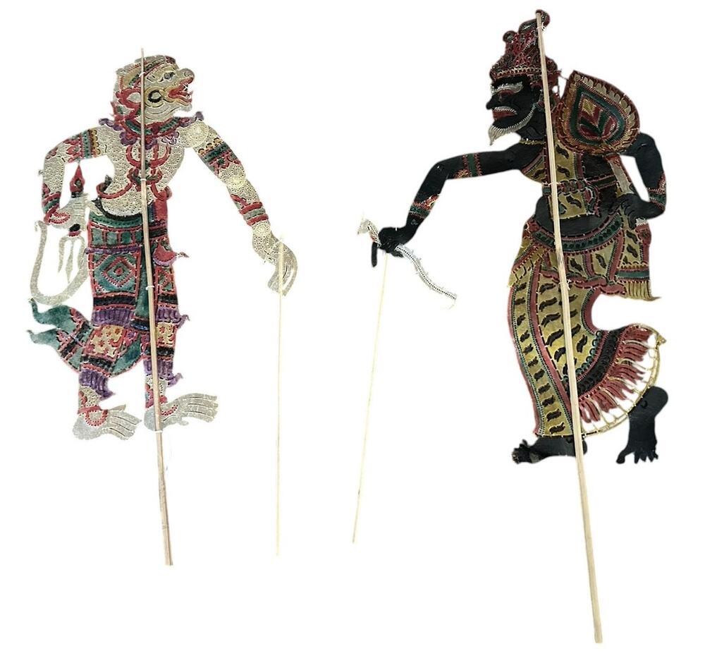Set Lot 2 Vintage Handmade Wayang Kulit Indonesian Shadow Puppets Articulated